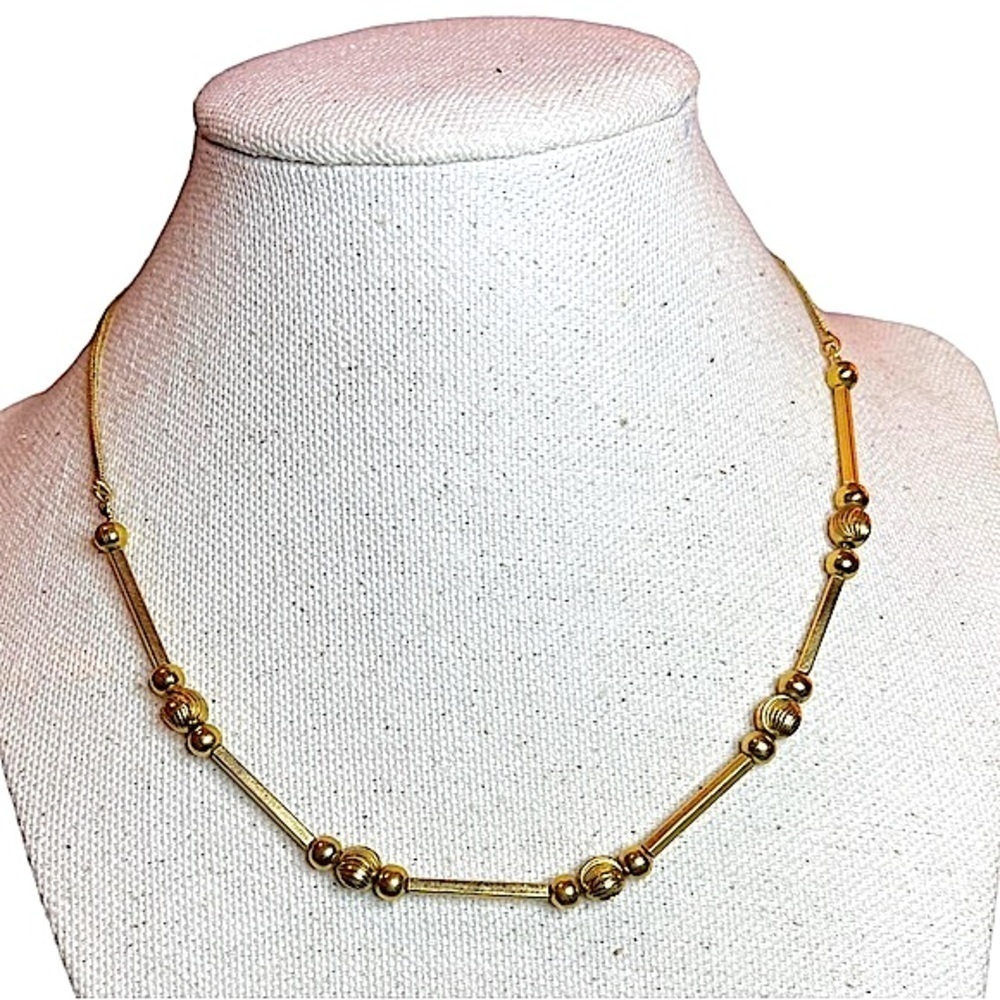Vintage Hand‎ Crafted Gold Tone Metal Beaded Bar Necklace 8” Drop